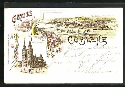 Lithographie Coblenz, St. Castor-Kirche, Panorama mit Dampfer