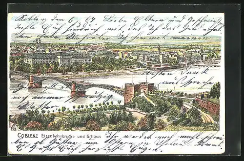 Lithographie Coblenz, Eisenbahnbrücke und Schloss