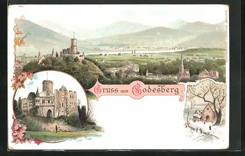 Lithographie Godesberg, Ruine, Totalansicht