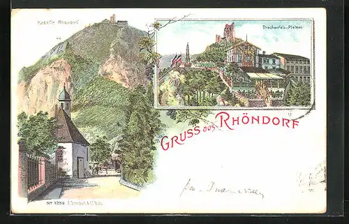 Lithographie Rhöndorf, Drachenfels-Plateau mit Gasthaus, Strassenpartie mit Kapelle