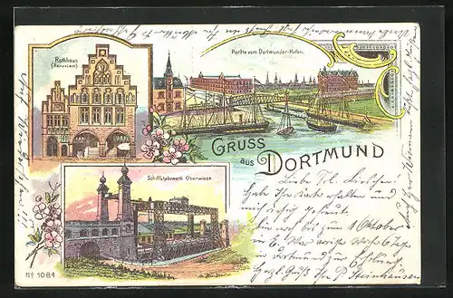 Lithographie Dortmund, Rathaus, Hafenpartie mit Schiffen, Schiffshebewerk