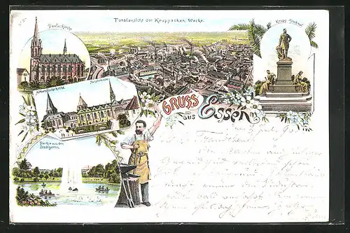 Lithographie Essen, Springbrunnen aus dem Stadtgarten, Krupp-Denkmal