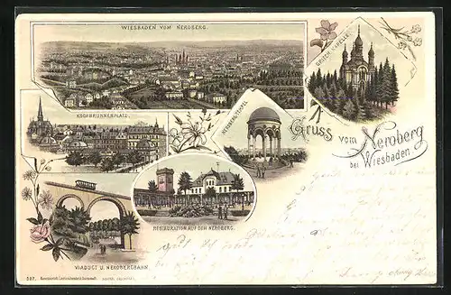 Lithographie Wiesbaden, Kochbrunnenplatz, Griechische Kapelle, Restaurant auf dem Neroberg
