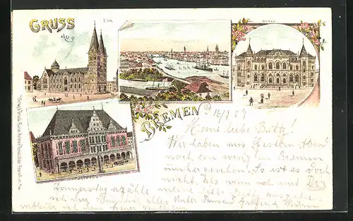 Lithographie Bremen, Dom, Börse, Rathaus