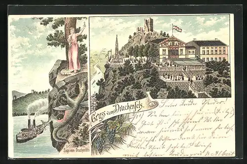 Lithographie Königswinter, Gasthaus auf dem Drachenfels mit Ruine, Sage vom Drachenfels