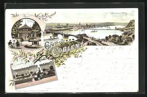 Lithographie Coblenz, Restaurant Trinkhalle Rheinanlagen, Schloss, Panorama