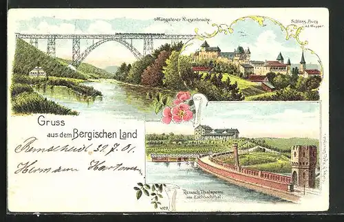 Lithographie Remscheid, Talsperre im Eschbachthal, Müngstener Riesenbrücke, Schloss Burg a.d. Wupper