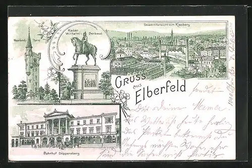 Lithographie Elberfeld, Stadt vom Kiesberg betrachtet, Kaiser Wilhelm Denkmal, Bahnhof Döppersberg