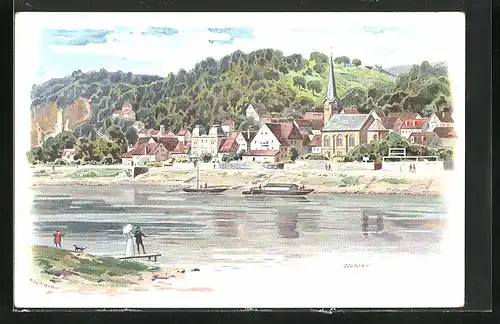 Lithographie Wehlen / Sachsen, Elbe-Partie mit Blick zum Ort