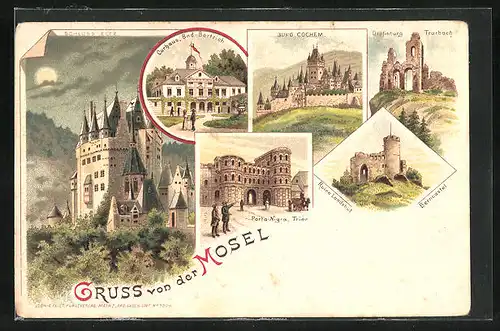 Lithographie Trier /Mosel, Porta Nigra, Burg Cochem, Ruine Landshut