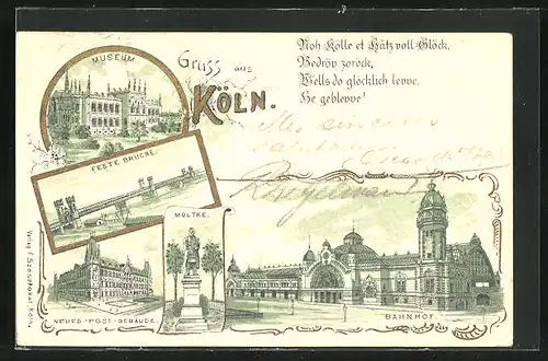 Lithographie Köln, Bahnhof, Feste Brücke, Museum, Moltke