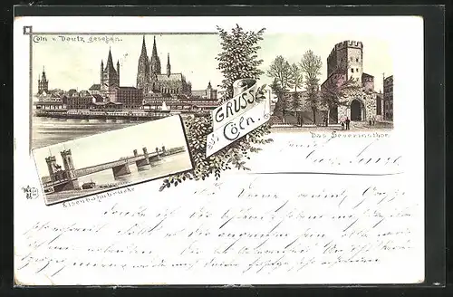 Lithographie Cöln, Stadt v. Deutz gesehen, Eisenbahnbrücke, Severinsthor