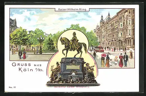 Lithographie Köln-Neustadt, Kaiser Wilhelm Ring mit Strassenbahn