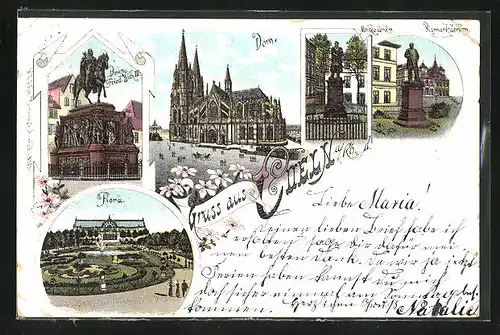 Lithographie Cöln a. Rh., Dom, Moltke Denkmal, Bismarckdenkmal