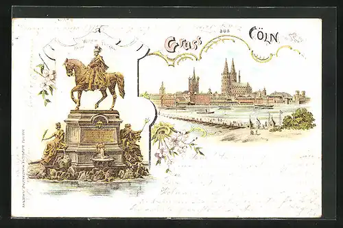 Lithographie Köln-Neustadt, Kaiser Wilhelm Denkmal, Blick auf Stadt