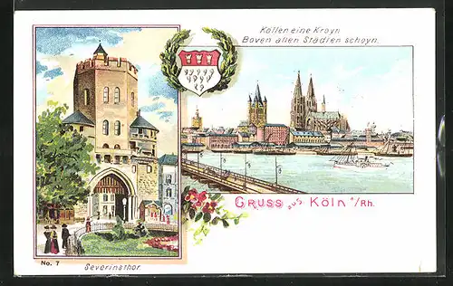 Lithographie Köln a. Rh., Severinsthor, Blick auf Stadt übers Wasser hinweg