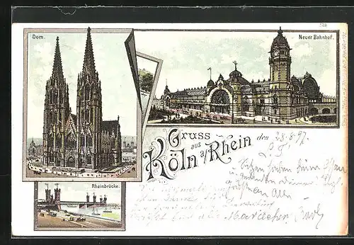 Lithographie Köln a. Rhein, dom, Neuer Bahnhof, Rheinbrücke