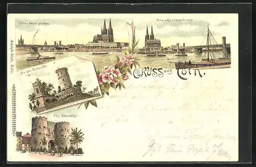 Lithographie Cöln, Alte Boltmühle, Dom und Eisenbahnbrücke, Hahnenthor