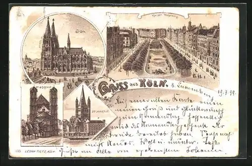 Lithographie Köln, Kaiser Wilhelm Ring, Dom, St. Martin