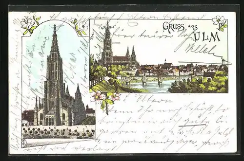 Lithographie Ulm, Blick auf Stadt mit Fluss und Brücke