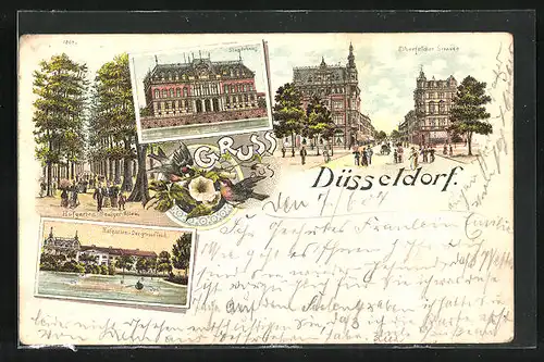 Lithographie Düsseldorf, Ständehaus, Elberfelder Strasse, Hofgarten mit grossem Teich