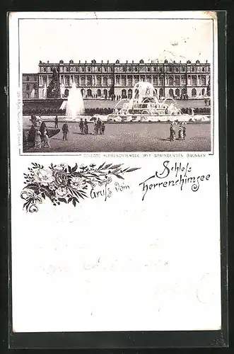 Lithographie Herrenchiemsee, Schloss mit springenden Brunnen