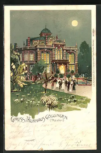 Mondschein-Lithographie Göggingen, Kurhaus-Theater, davor Besucher