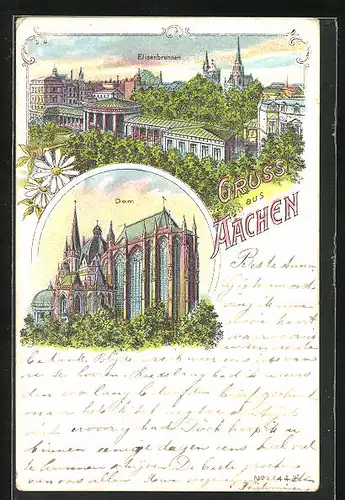 Lithographie Aachen, Elisenbrunnen-Partie, Ansicht vom Dom