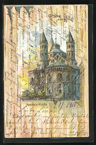 Lithographie Köln, Aposteln-Kirche bei Sonnenaufgang