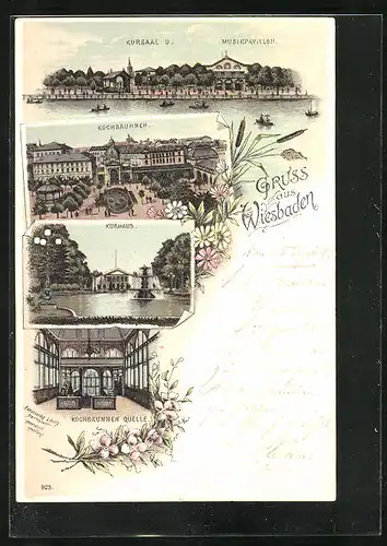 Lithographie Wiesbaden, Kurhaus, Kochbrunnen, Kursaal und Musikpavillon