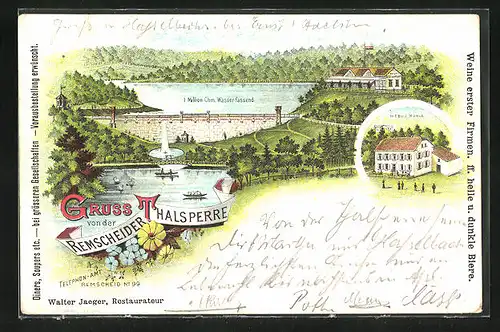 Lithographie Remscheid, Talsperre mit Gasthaus Mebus Mühle