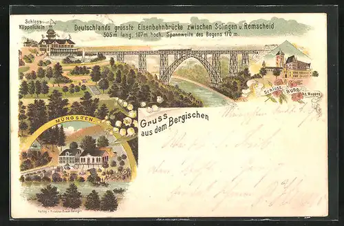 Lithographie Müngsten, Schloss Küppelstein, Schloss Burg a.d. Wupper
