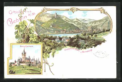 Lithographie Cochem a. M., Burg, Ortsansicht mit Berglandschaft