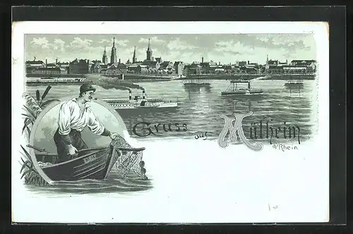 Mondschein-Lithographie Mülheim, Fischer holt Netzt ein, Blick auf Stadt mit Dampfern