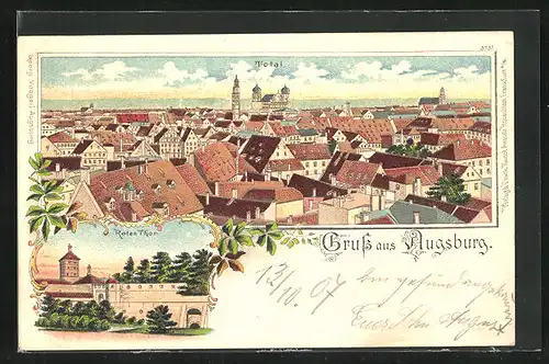 Lithographie Augsburg, Rotes Thro, Totalansicht der Stadt