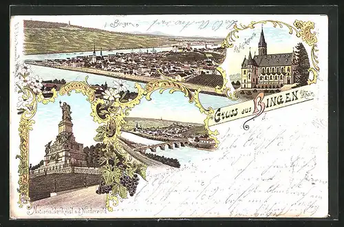 Lithographie Bingen a. Rhein, Rochuskapelle, Nationaldenkmal a. d. Niederwald