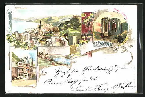 Lithographie Bacharach, Werner Kapelle, Ortsansicht mit Berglandschaft