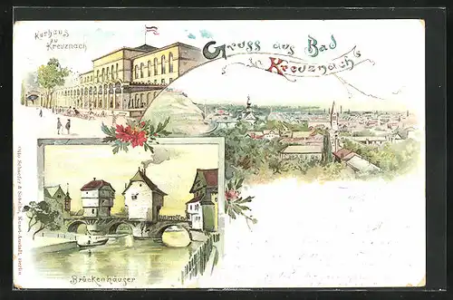 Lithographie Bad Kreuznach, Kurhotel, Brückenhäuser