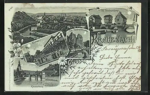 Mondschein-Lithographie Kreuznach, Kurhotel, Brückenhäuser, Rheingrafenstein