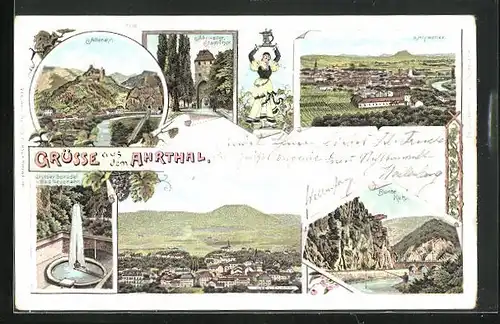 Lithographie Ahrweiler, Totalansicht, Bunte Kuh, Stadt-Tor in Ahrweiler