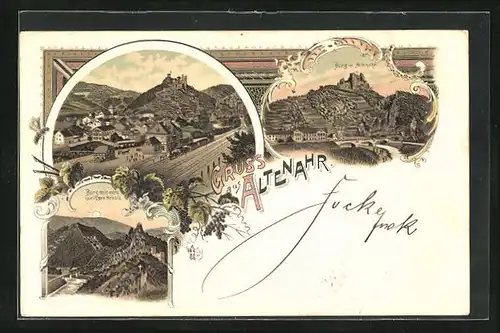 Lithographie Altenahr, Burg mit dem weissen Kreuz, Totalansicht mit Bahnhof