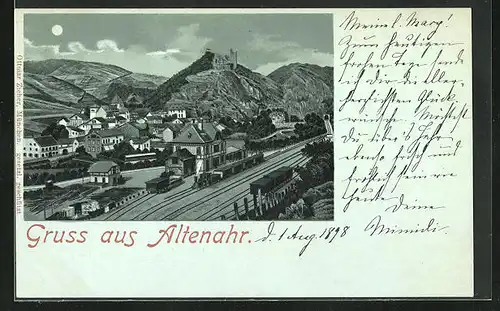 Mondschein-Lithographie Altenahr, Totalansicht mit Bahnhof und Burg