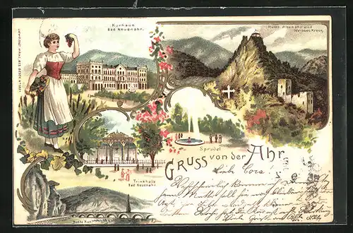 Lithographie Bad Neuenahr, Kurhaus, Trinkhalle, Ruine Altenahr1