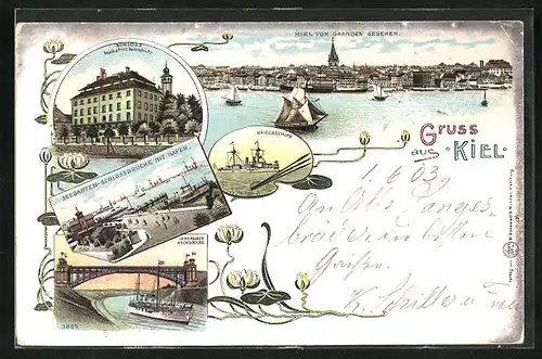 Lithographie Kiel, Seegarten-Schlossbrücke mit Hafen, Lewensauer Hochbrücke, Panorama von Gaarden aus