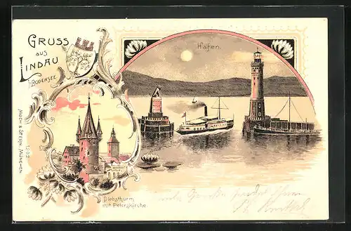 Mondschein-Lithographie Lindau /Bodensee, Hafen mit Dampfer, Diebsthurm m. Peterskirche