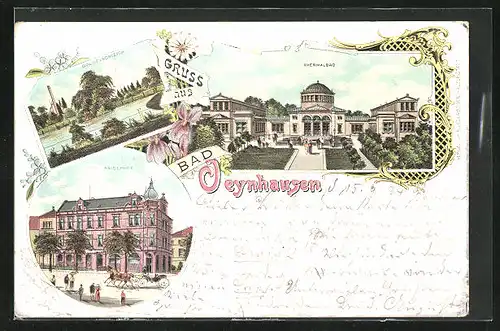 Lithographie Bad Oeynhausen, Hotel Kaiserhof, Thermalbad, Goldfischteich