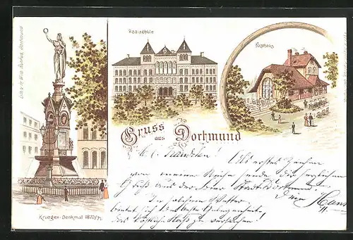 Lithographie Dortmund, Gasthaus Forsthaus, Realschule, Kriegerdenkmal