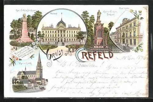 Lithographie Crefeld, Postamt, Stadttheater, Marienkirche