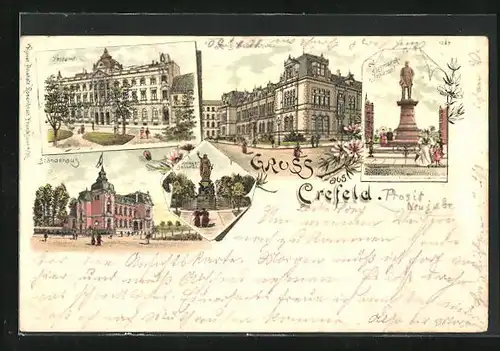 Lithographie Crefeld, Ständehaus, Kgl. Webeschule, Postamt