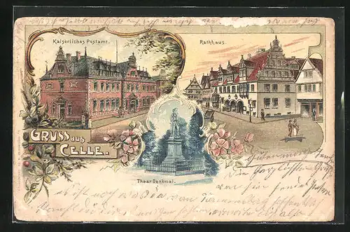 Lithographie Celle, Kaiserl. Postamt, Rathaus, Thear-Denkmal
